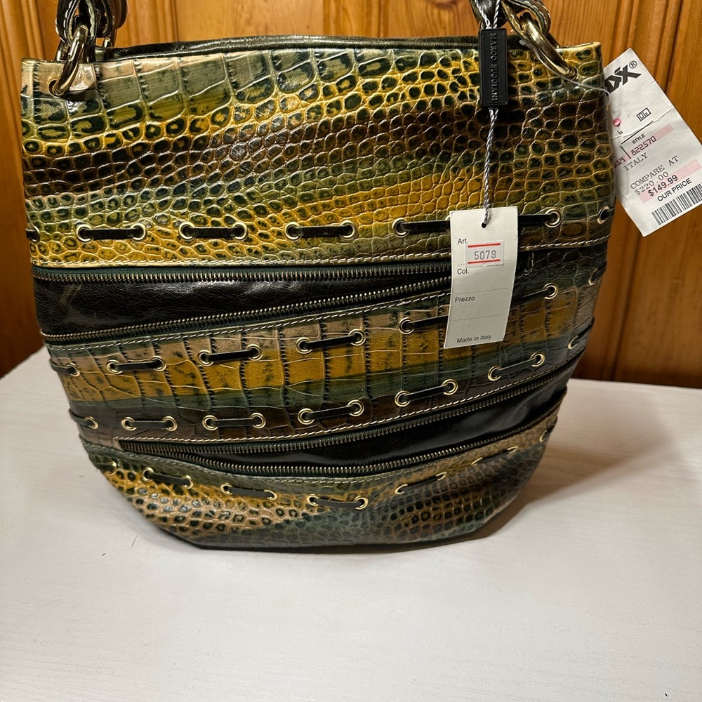 Textured Croc-Embossed Tote Bag in Green & Yellow